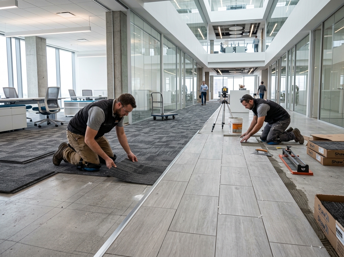 Commercial flooring installer laying modular carpet and tile