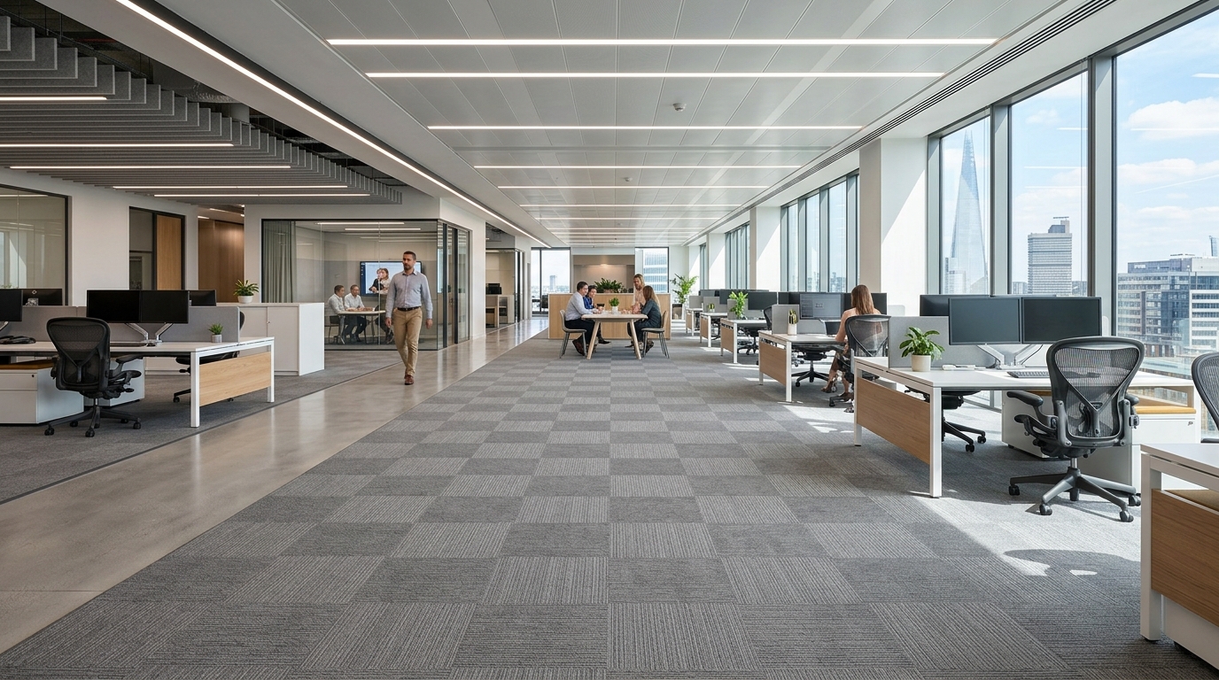 Large format porcelain tile and modular commercial carpet installation