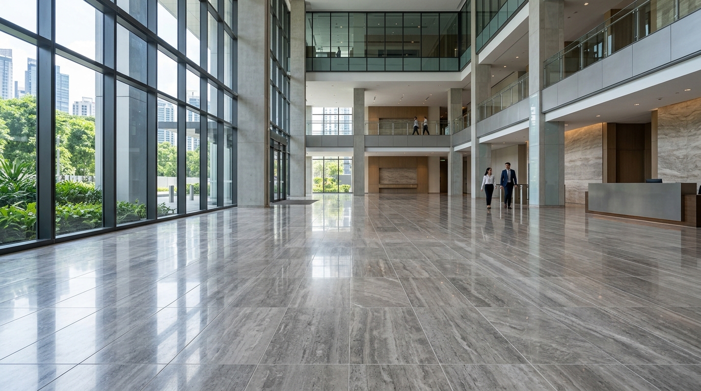 Luxury hotel lobby and restroom tile installation with waterproofing membranes