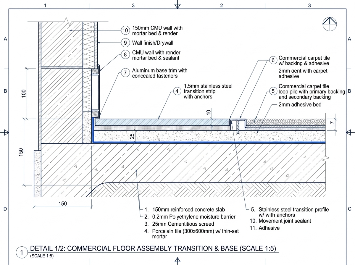 Architectural ceramic tile and substrate waterproofing assembly detail drawing