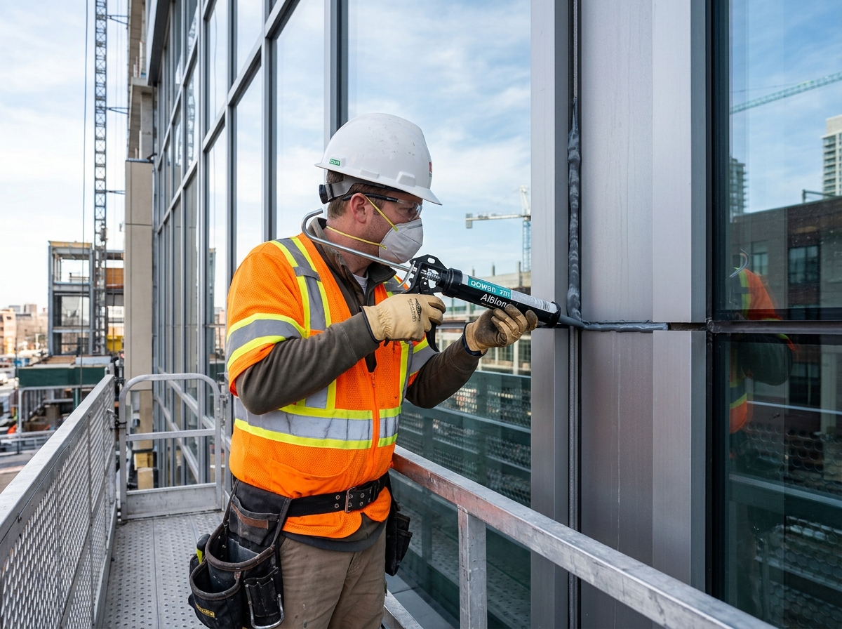 Applicator applying joint sealant to a commercial facade