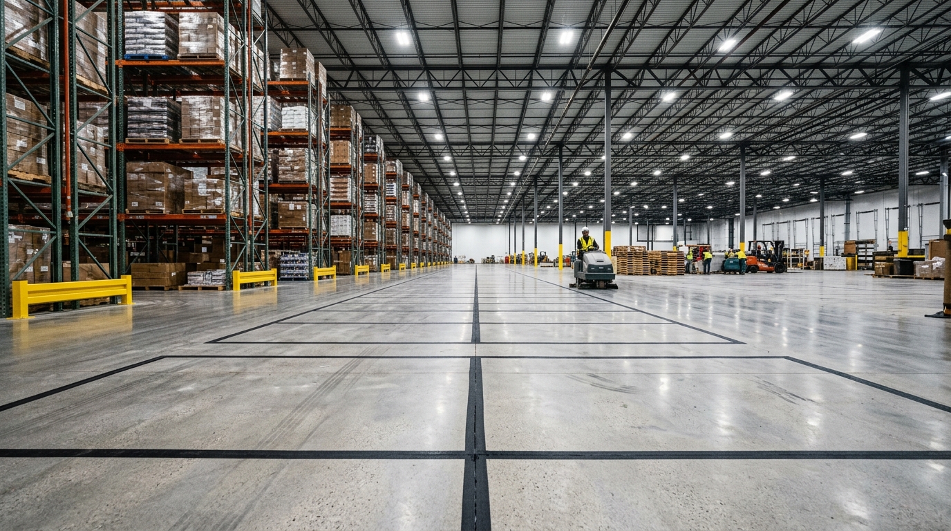 Logistics warehouse interior concrete floor horizontal joint sealant application