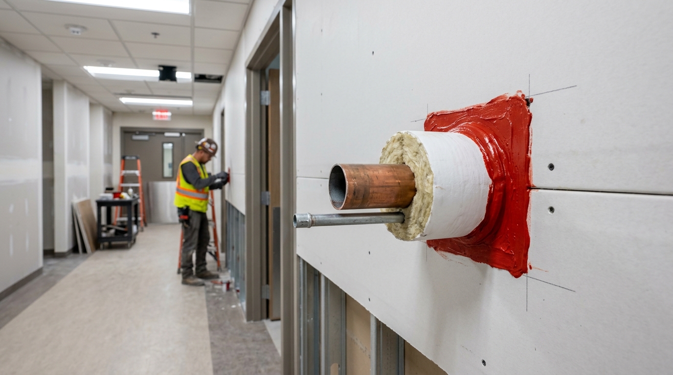 Hospital facility head-of-wall firestop joint caulking and interior perimeter seals