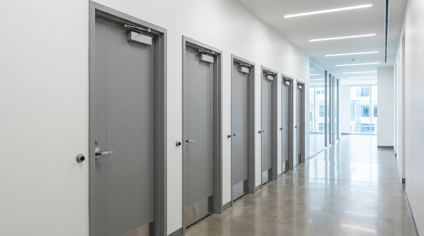 Corporate office building interior corridor showing wood doors and welded steel frames