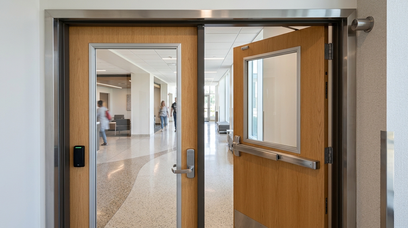 Hospital facility double exit doors with stainless steel panic hardware and kickplates