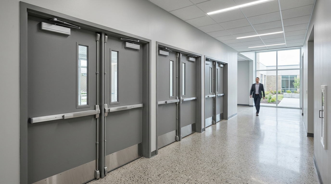 University educational building classroom doors with heavy-duty closers and continuous hinges