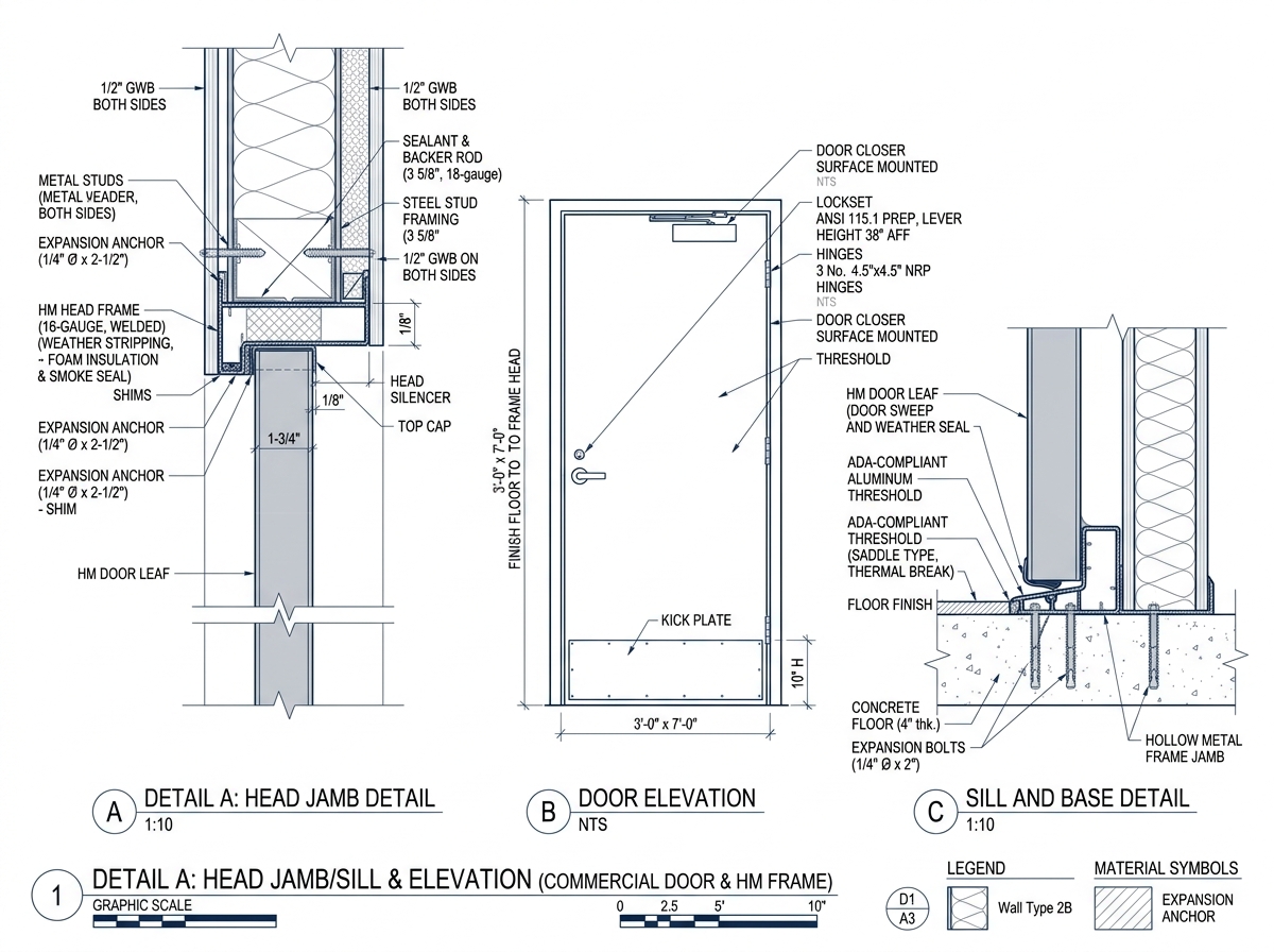 Architectural door frame jamb profile and hardware prep section detail drawing