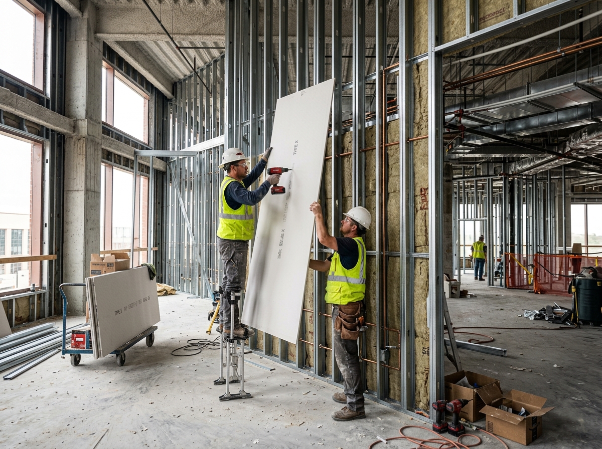 Metal stud framing and gypsum wallboard installation