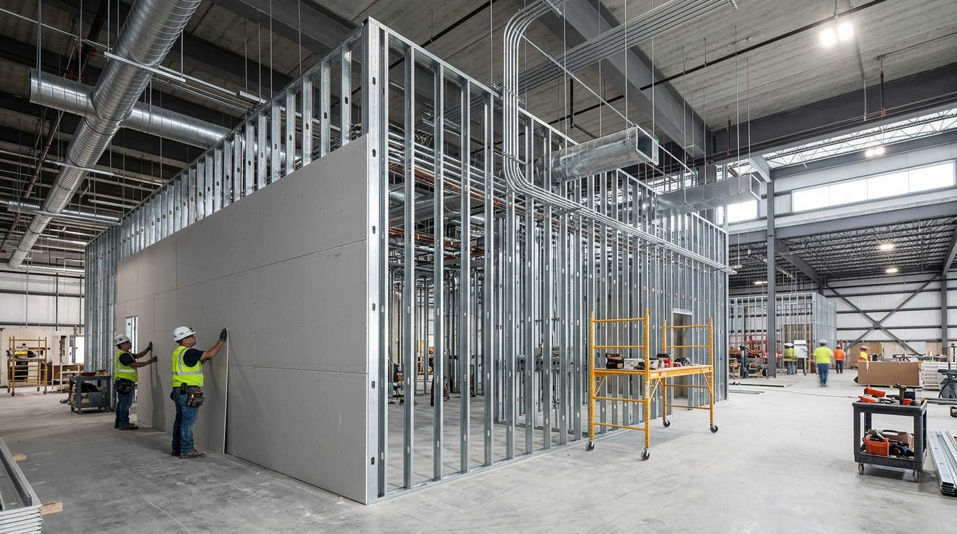 Corporate office buildout showing Level 5 skim coated smooth drywall partition walls