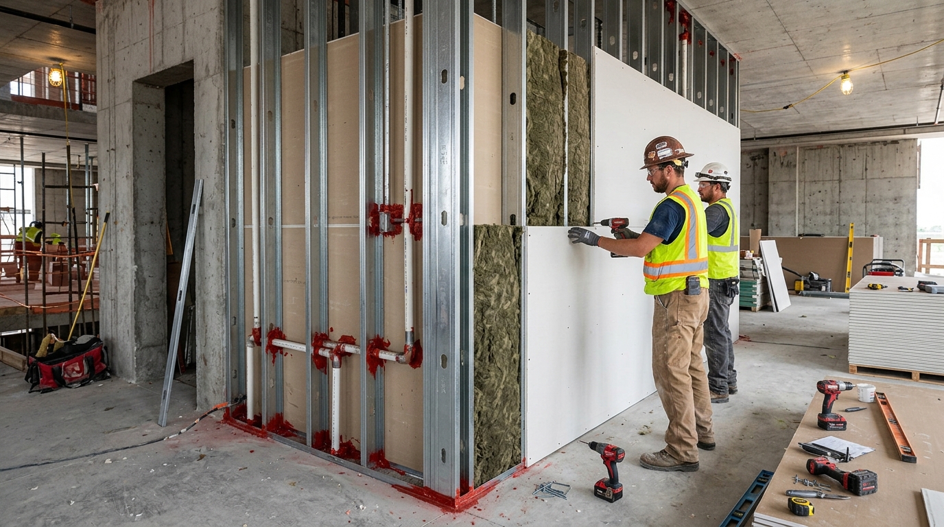 Interior of a commercial building under construction with finished drywall partitions