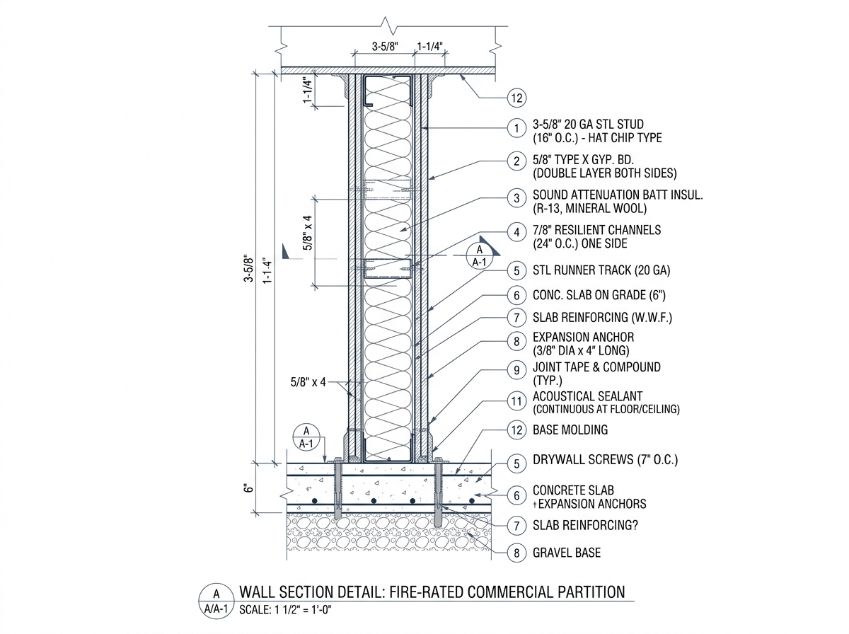 Architectural metal stud partition wall assembly detail drawing with UL fire rating specs
