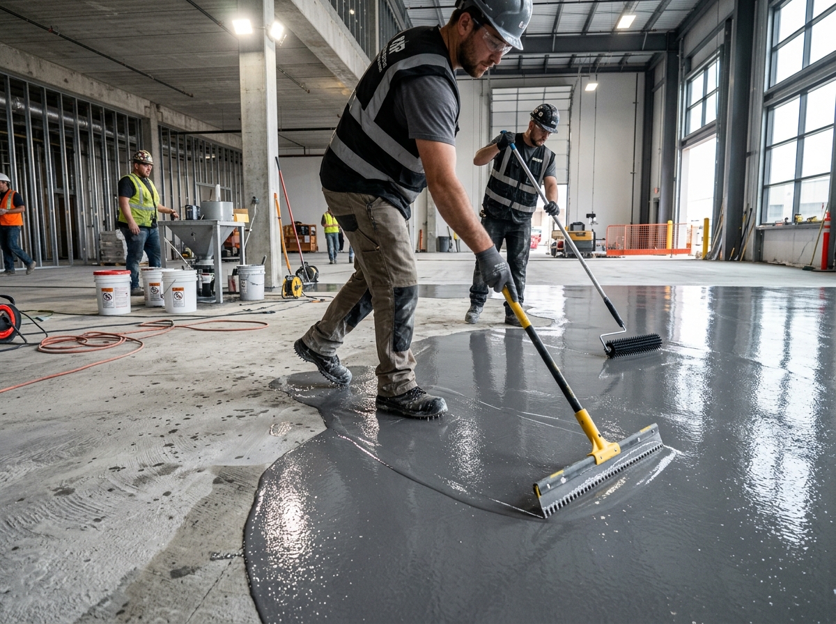 Resinous epoxy flooring application on an industrial floor