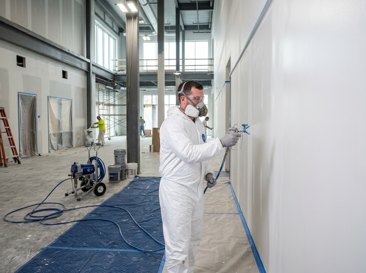 Commercial painter spraying structural steel and interior walls