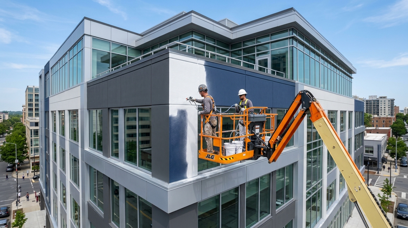 Commercial retail building exposed open-web steel joist deck dryfall spray painting