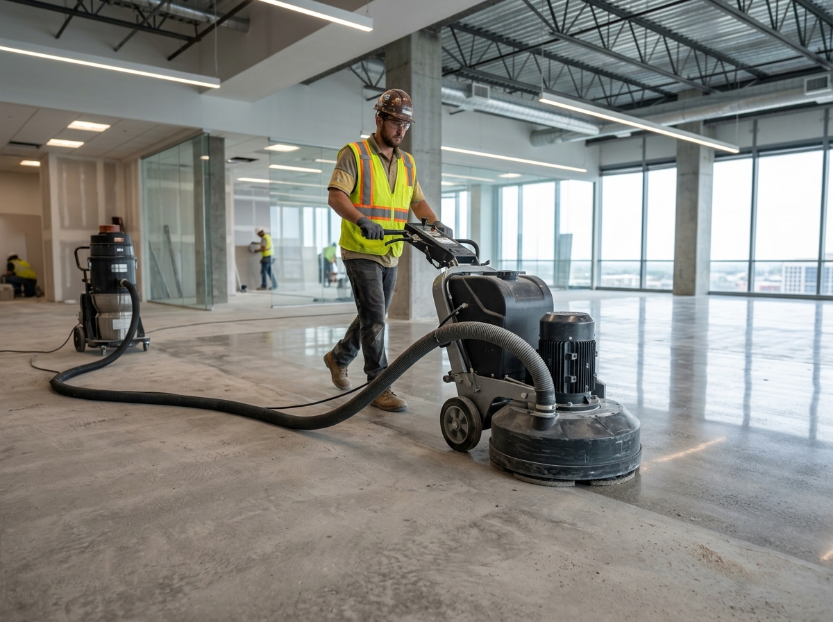 Diamond floor polishing equipment on a commercial slab