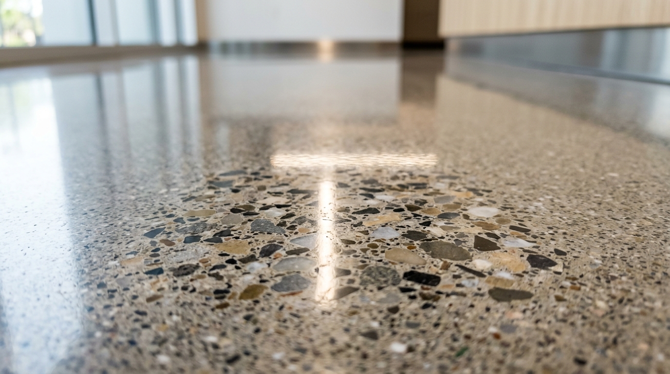 Commercial office lobby with large aggregate exposed Class C polished concrete floor