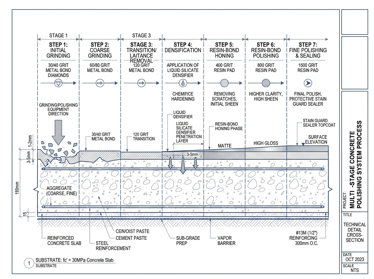 Polished concrete diamond grit sequence and aggregate exposure chart