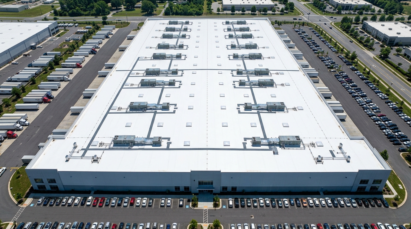 Low-slope commercial membrane roof with perimeter metal flashing