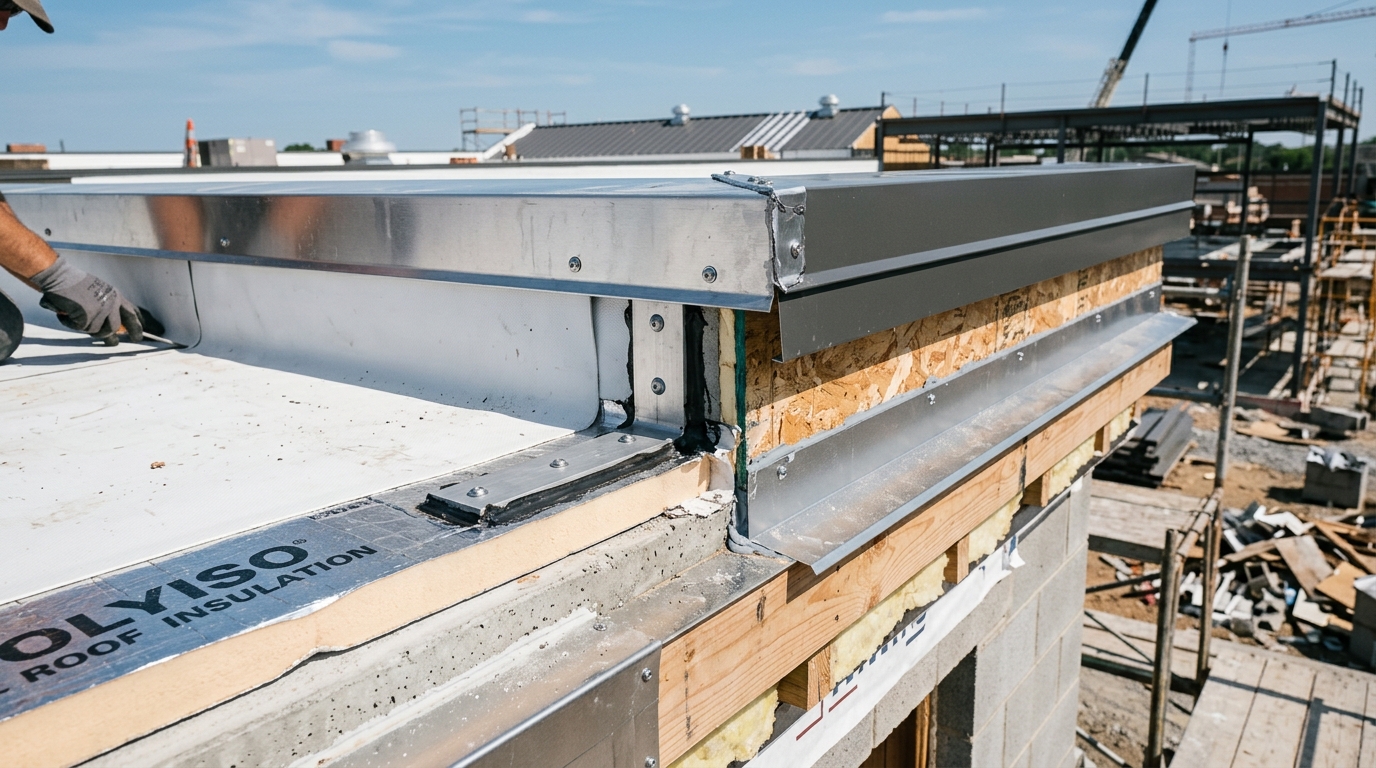 Standing seam metal roof installation on a modern high school facility