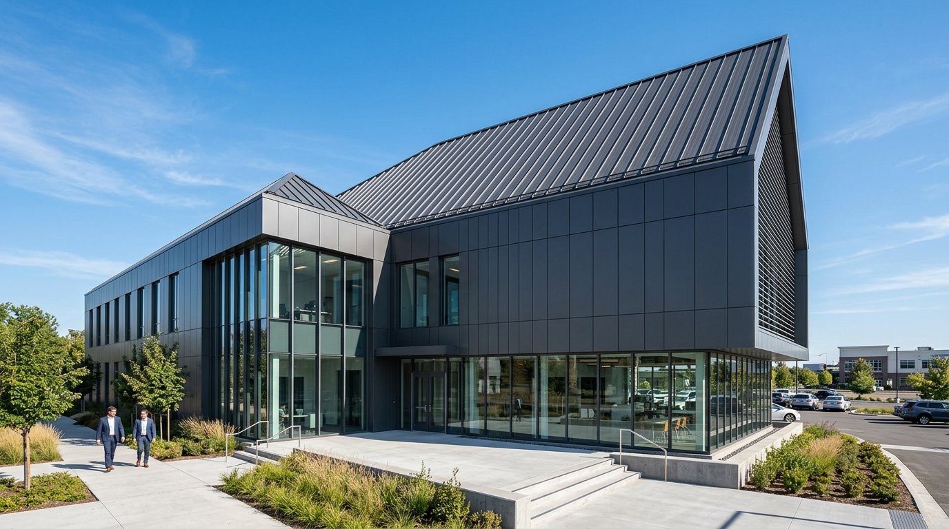 Hospital facility low-slope PVC roofing membrane installation with tapered insulation