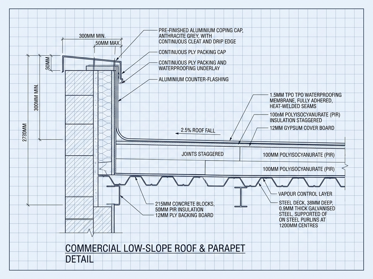 Architectural low-slope roof assembly section detail drawing
