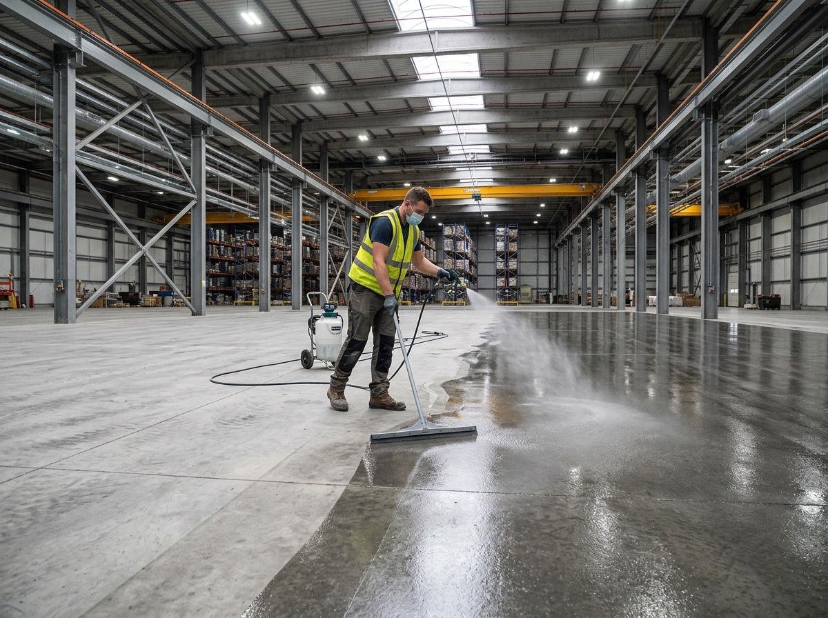 Concrete technician applying chemical densifier and sealer