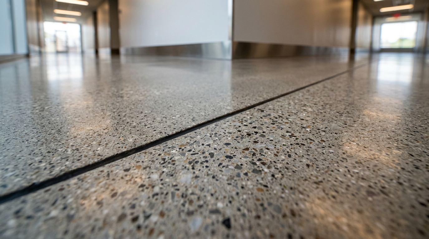 Architectural close-up view of professionally sealed concrete floor showing aggregate texture