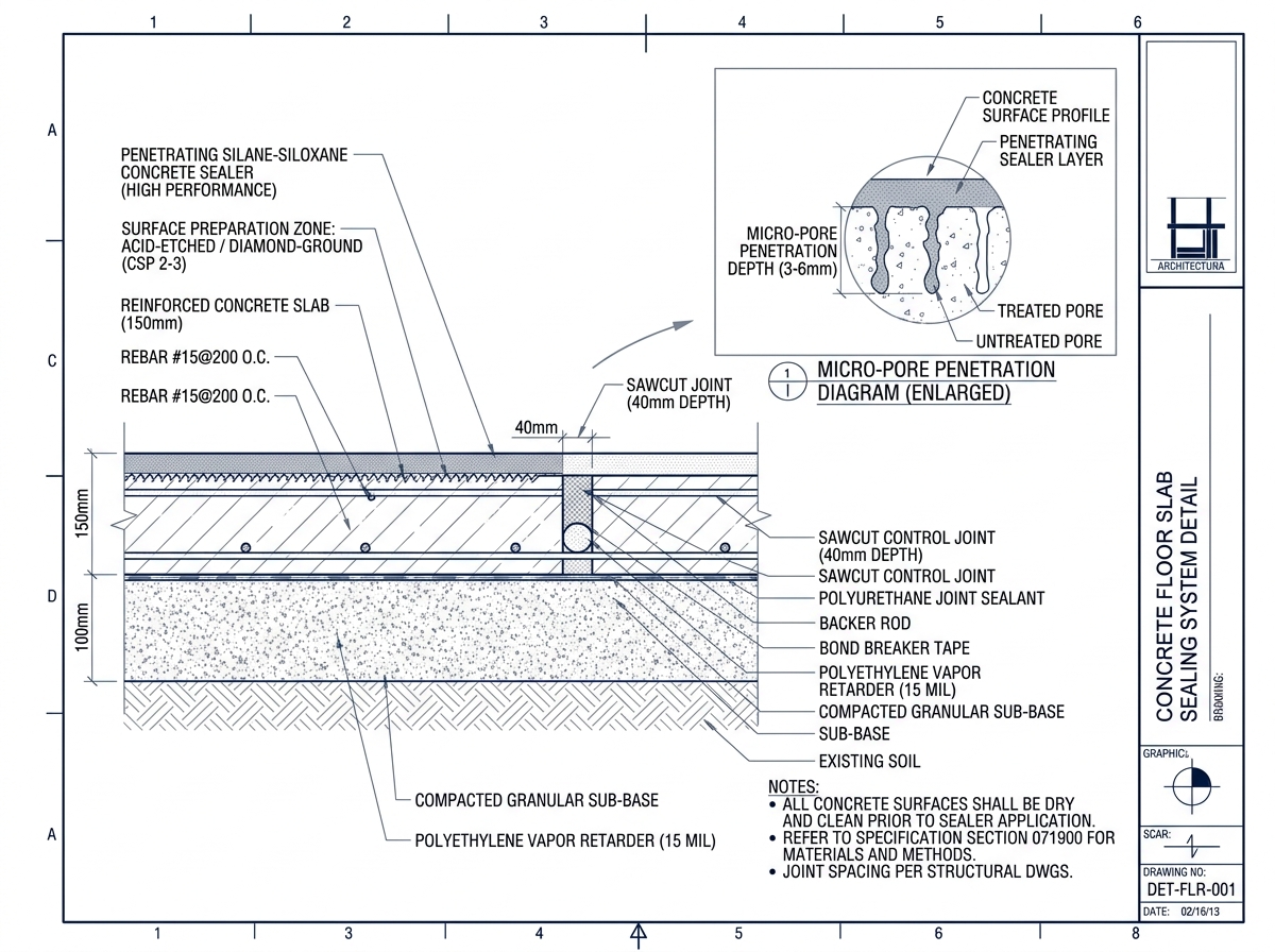 Architectural CAD technical detail drawing showing concrete floor slab sealing system cross-section